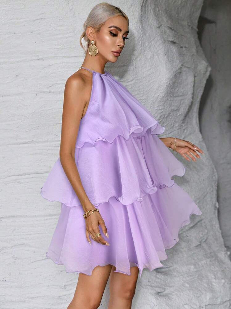 Sold color multi-layer halter neck dress in lilac