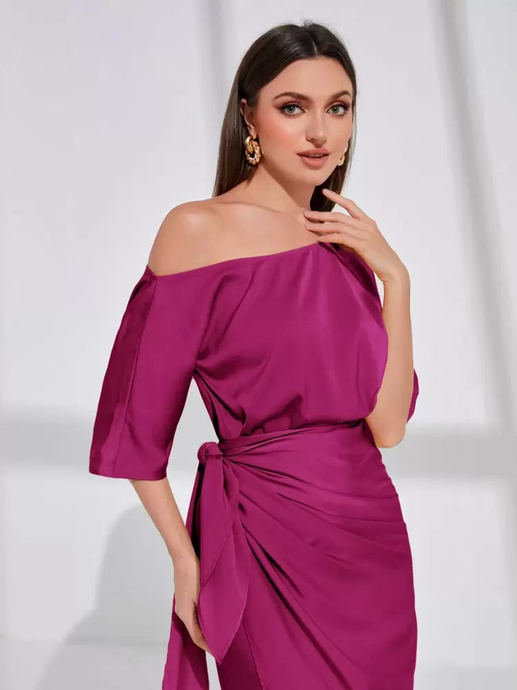 Asymmetrical neck batwing sleeve wrap hem satin dress in purple