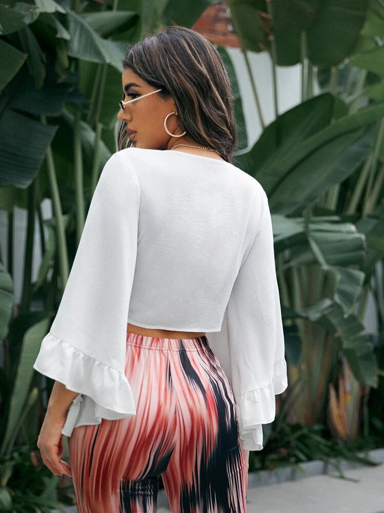 Butterfly sleeve tie front top in white