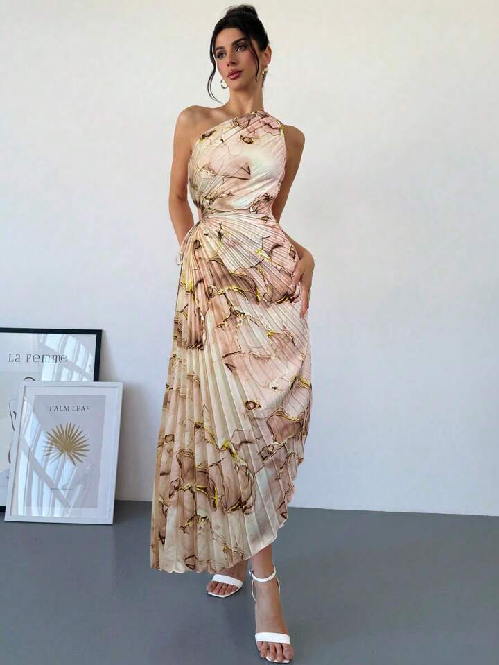 One shoulder tie dye print waist hollow ruffle hem dress in khaki