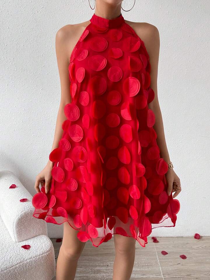 Flower halter neck dress in red