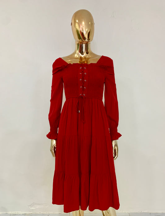 Red long sleeve lace front smock midi