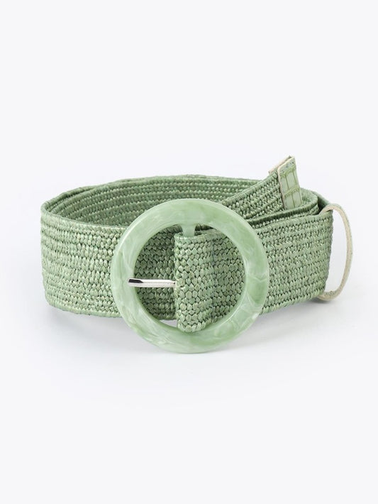 Round Buckle Boho Straw Belt in Green