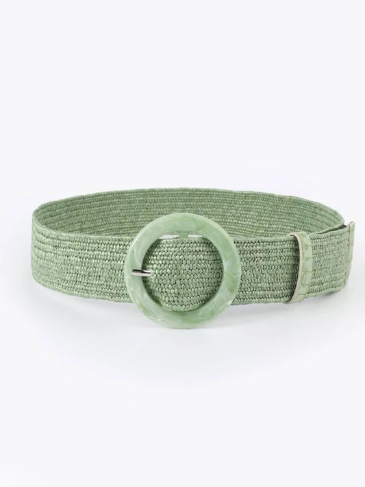 Round Buckle Boho Straw Belt in Green