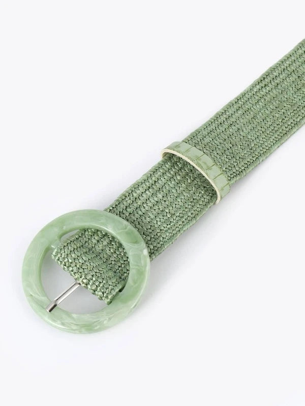 Round Buckle Boho Straw Belt in Green