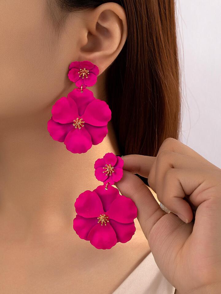 1pair asymmetrical multilayer colorful flower shaped earrings in pink