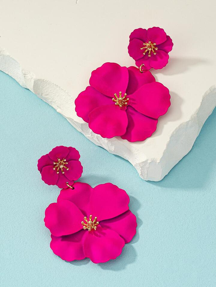 1pair asymmetrical multilayer colorful flower shaped earrings in pink
