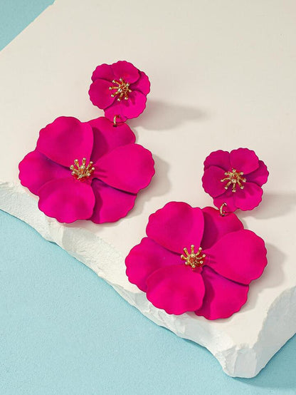 1pair asymmetrical multilayer colorful flower shaped earrings in pink
