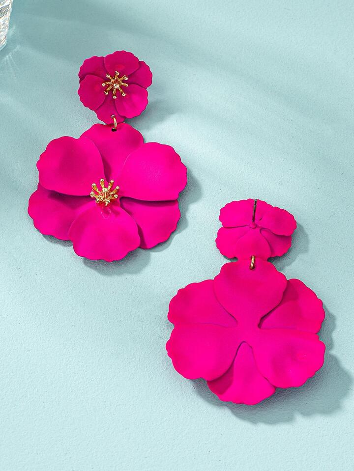 1pair asymmetrical multilayer colorful flower shaped earrings in pink