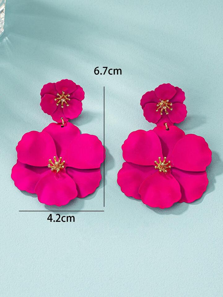 1pair asymmetrical multilayer colorful flower shaped earrings in pink