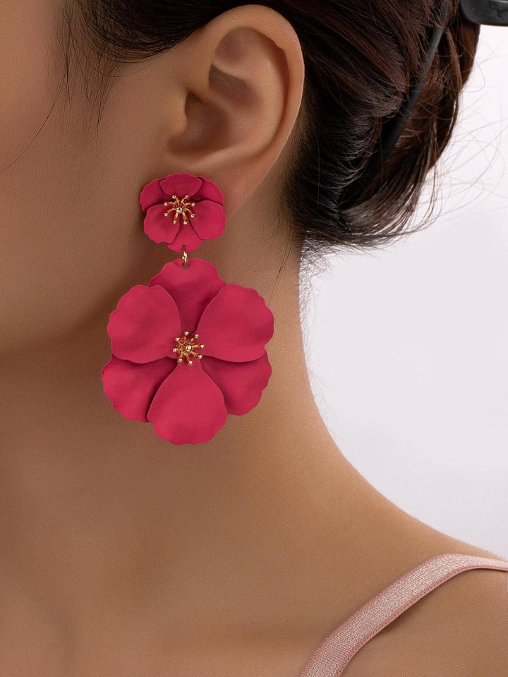1pair asymmetrical multilayer colorful flower shaped earrings in red