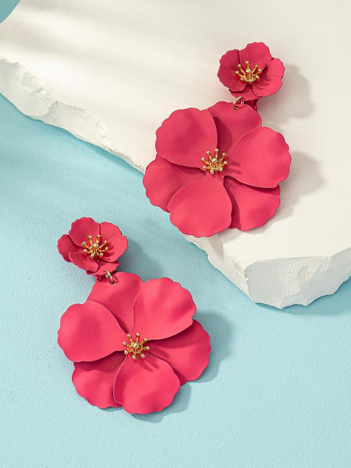 1pair asymmetrical multilayer colorful flower shaped earrings in red
