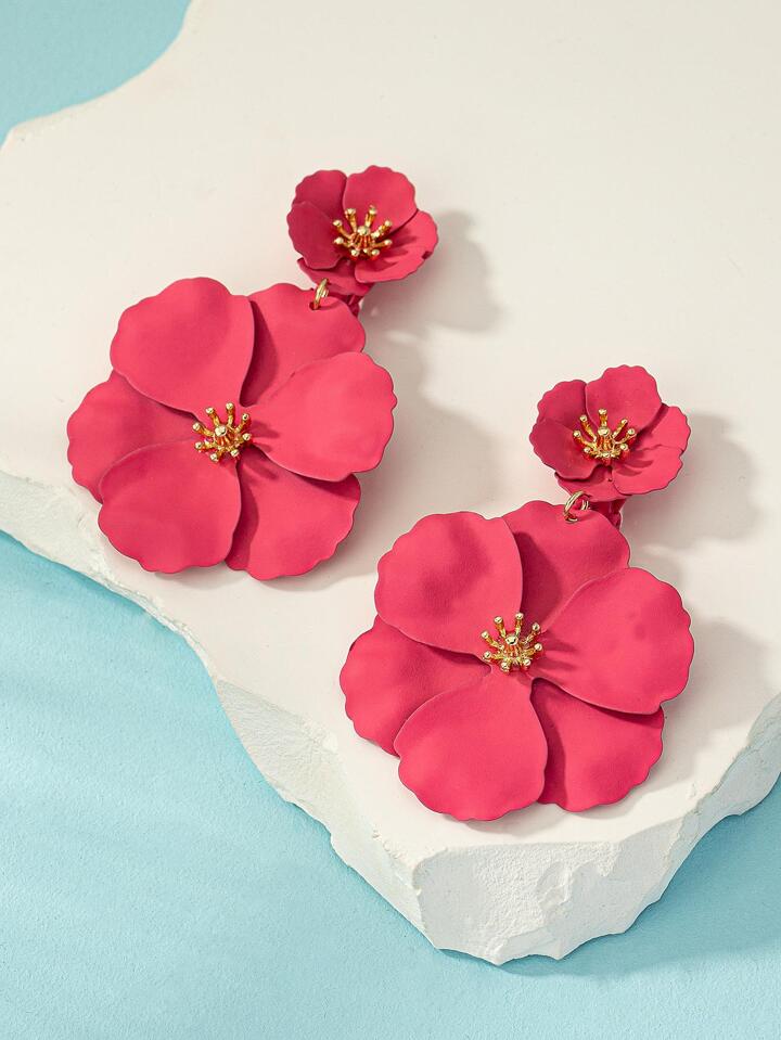 1pair asymmetrical multilayer colorful flower shaped earrings in red