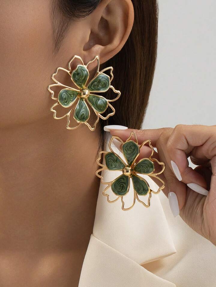 1pair double layer drop flower earring in green
