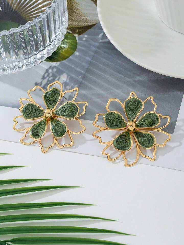 1pair double layer drop flower earring in green
