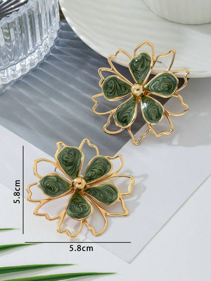 1pair double layer drop flower earring in green