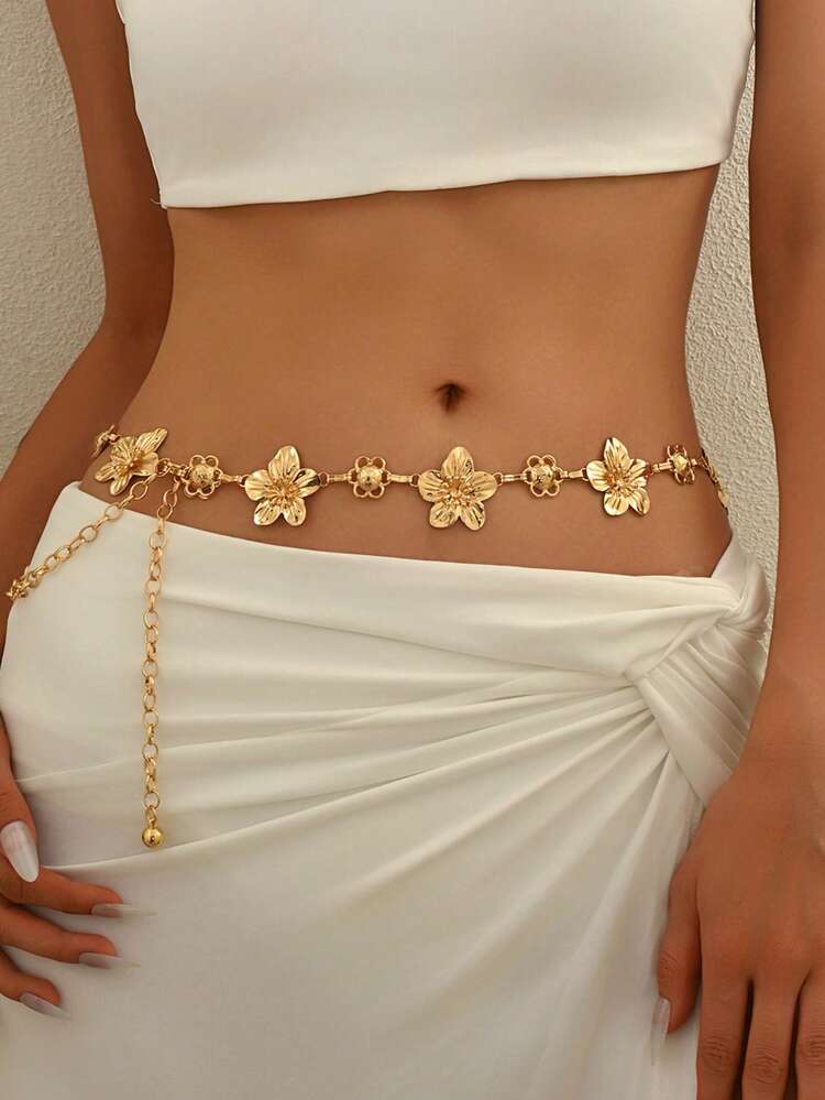 1pc vintage unique silver metal flower waist chain in gold