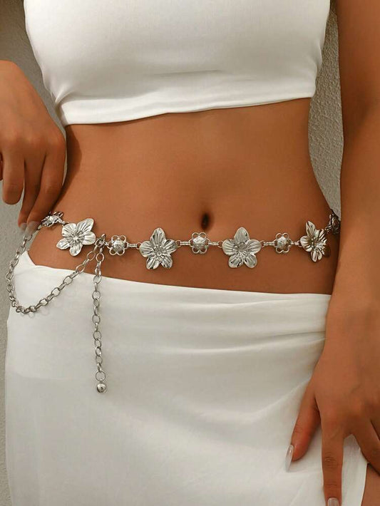 1pc vintage unique silver metal flower waist chain in silver