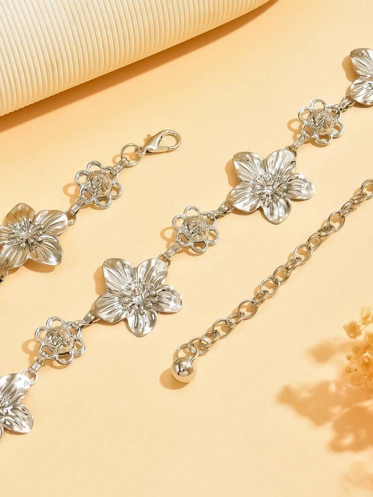 1pc vintage unique silver metal flower waist chain in silver