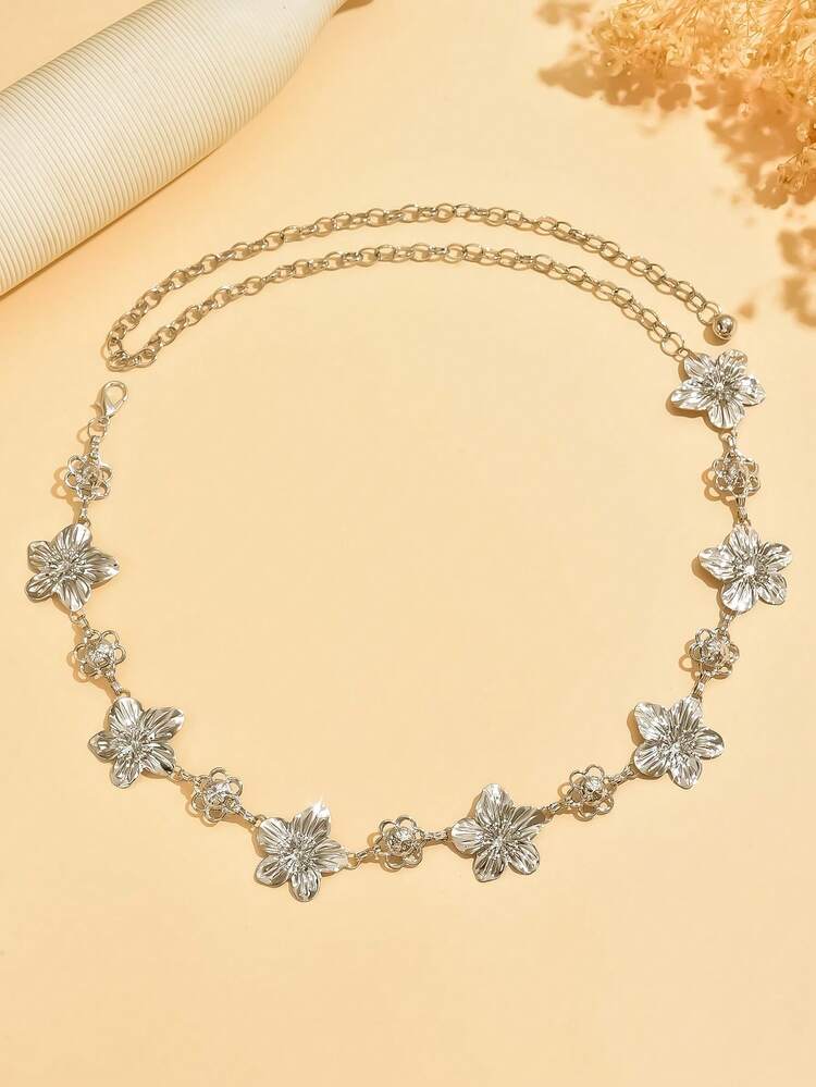 1pc vintage unique silver metal flower waist chain in silver