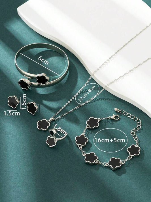 1set(5pcs) clover pendant necklace, bracelet, earrings and ring set in black