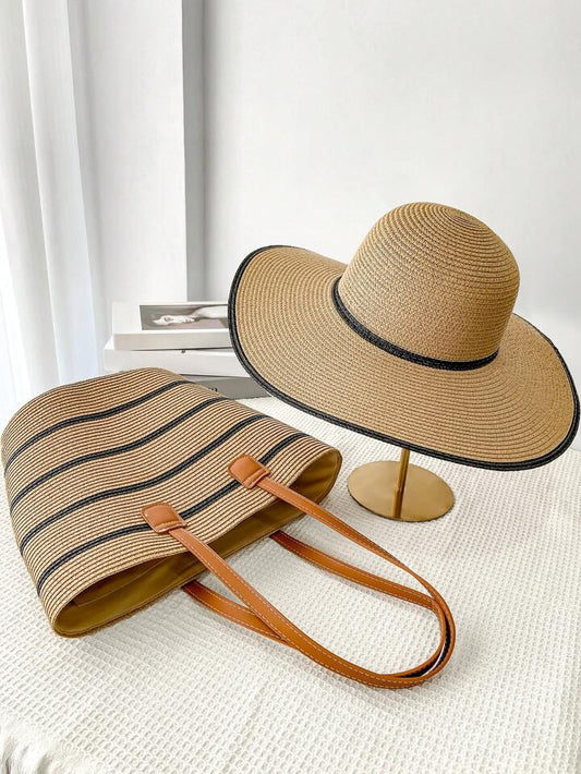 1set bohemian style wide brim straw hat and large bag in multi