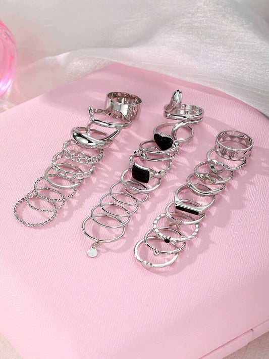 27pcs heart & square shaped ring set in silver