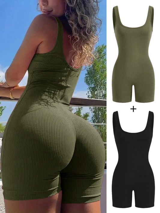 2pcs Solid color sleeveless playsuit in green