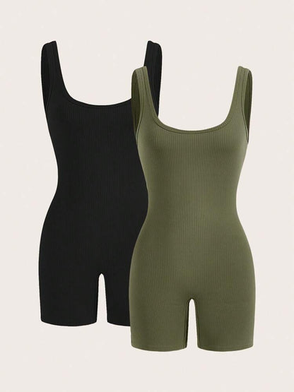 2pcs Solid color sleeveless playsuit in green