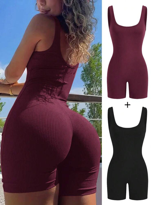 2pcs Solid color sleeveless playsuit in multi