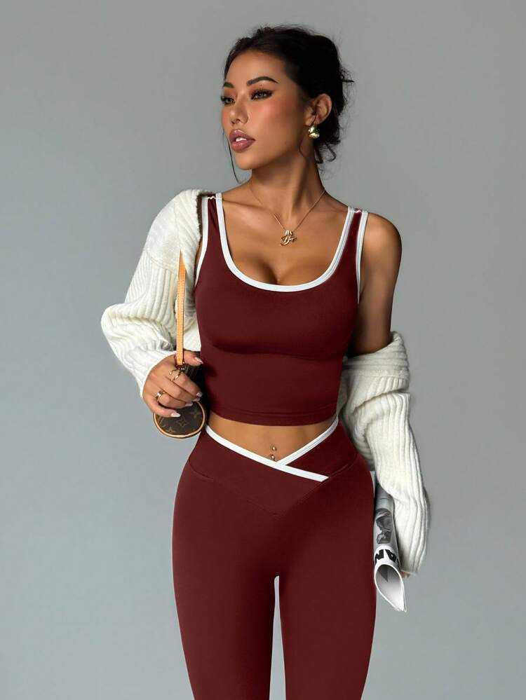 2pcs contrast sport sets in burgundy