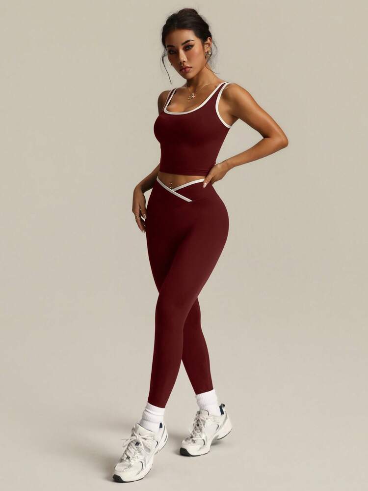 2pcs contrast sport sets in burgundy