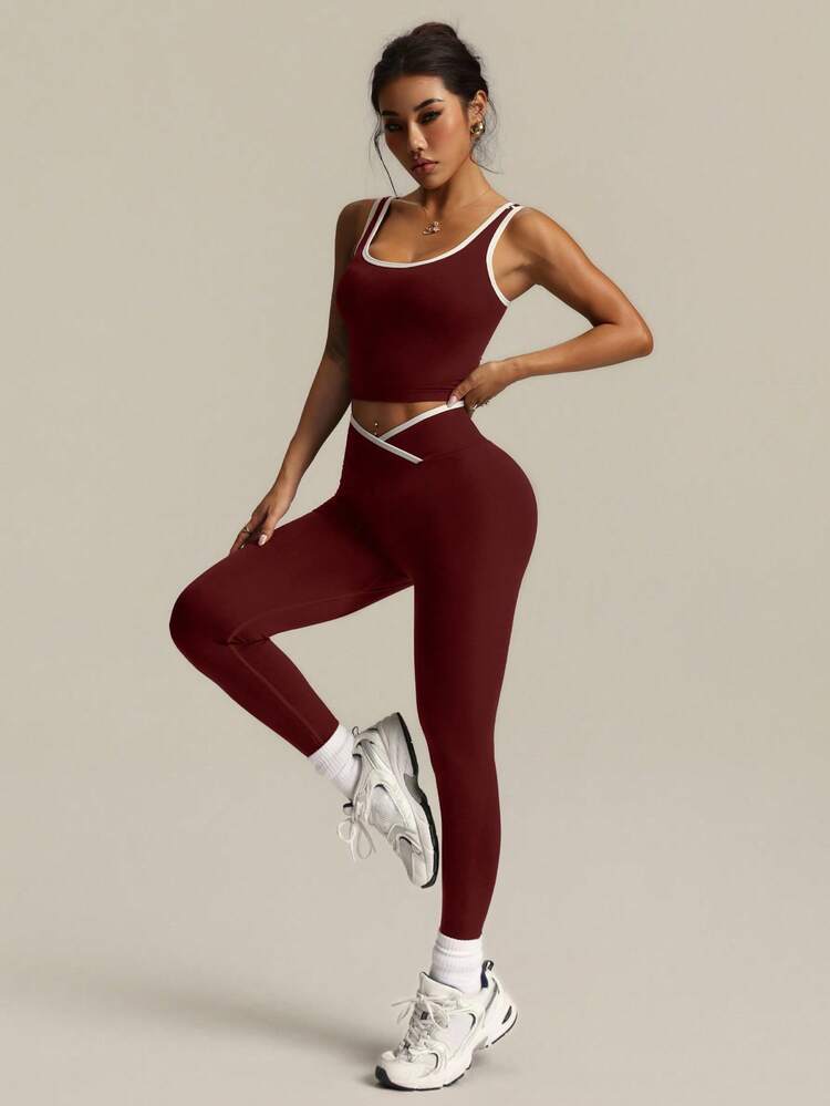 2pcs contrast sport sets in burgundy