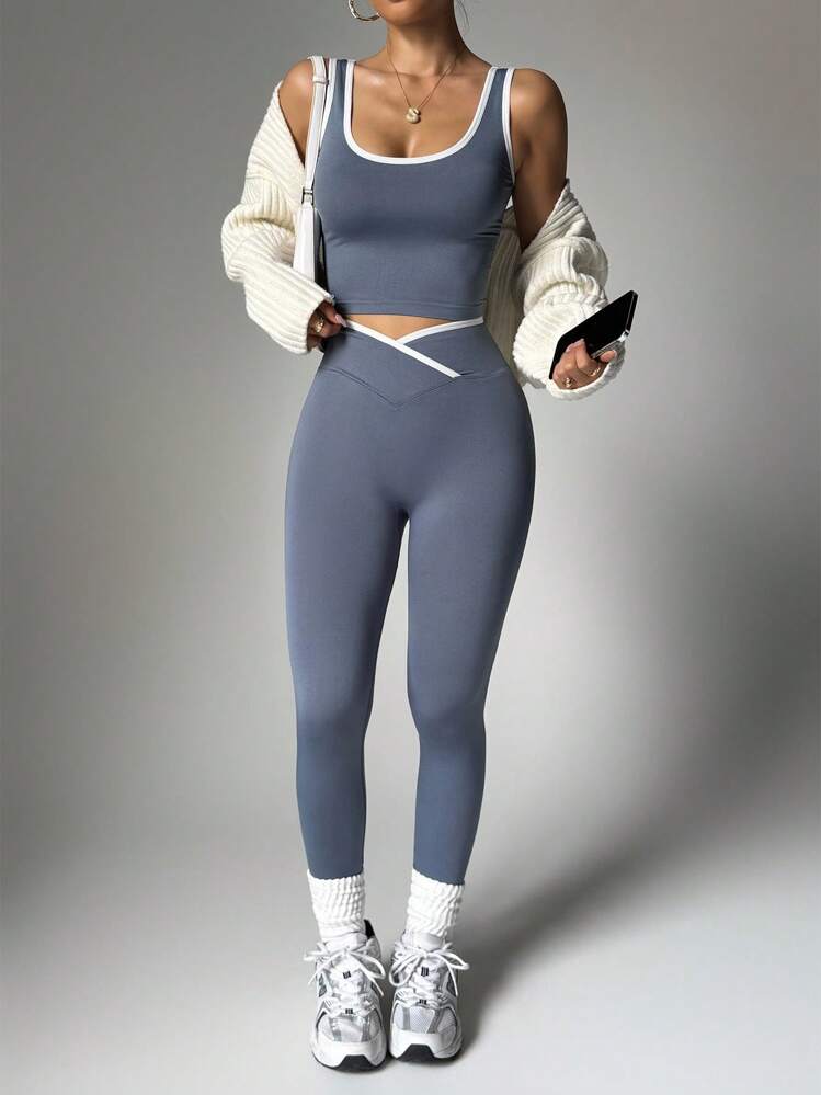 2pcs contrast sport sets in green
