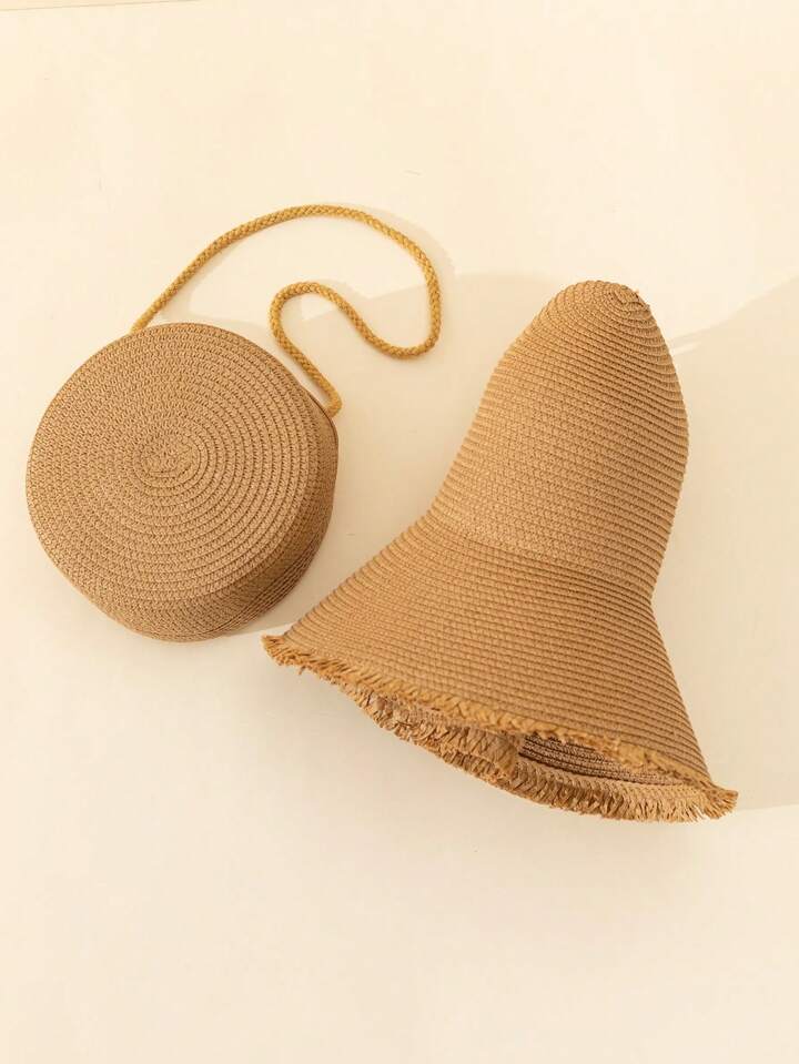 2pcs khaki woven pattern straw hat & crossbody bag in khaki