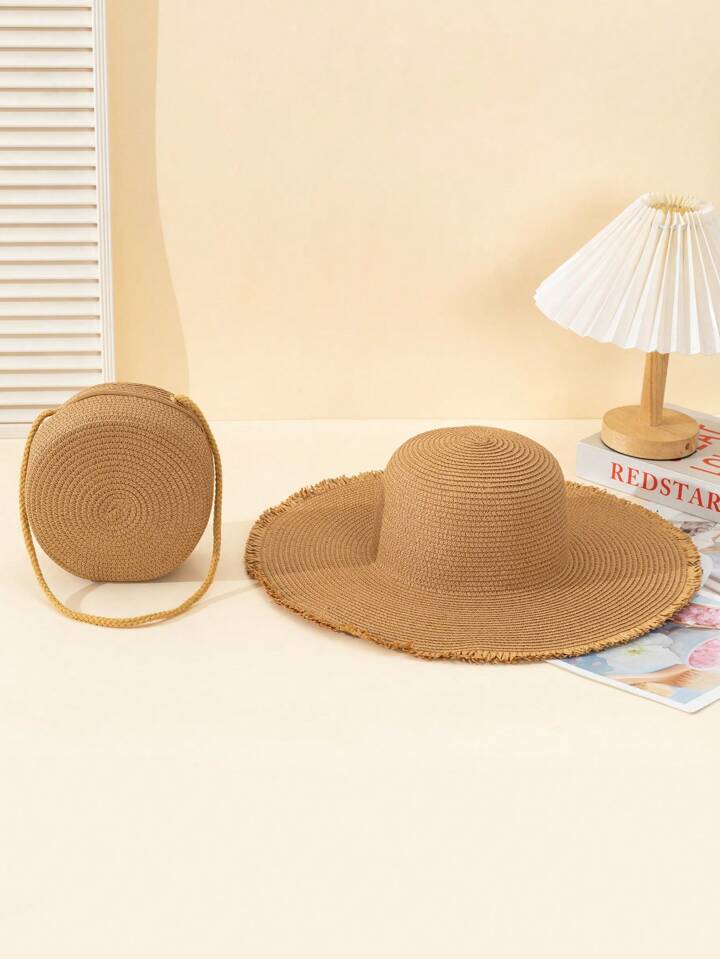 2pcs khaki woven pattern straw hat & crossbody bag in khaki