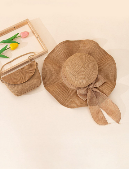 2pcs wave & bowknot decor beach sun hat & woven bag in khaki