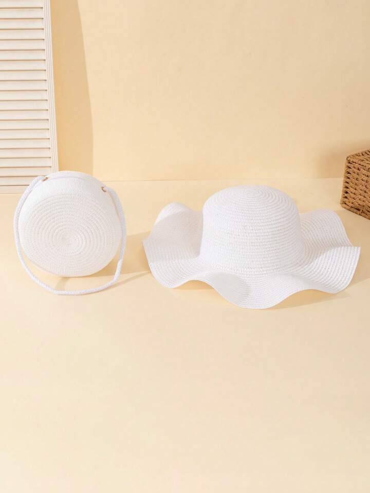 2pcs white woven pattern straw hat & crossbody bag in white