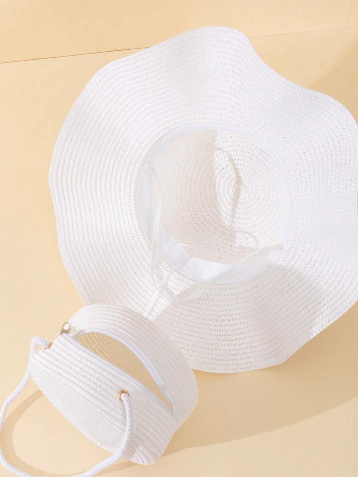 2pcs white woven pattern straw hat & crossbody bag in white