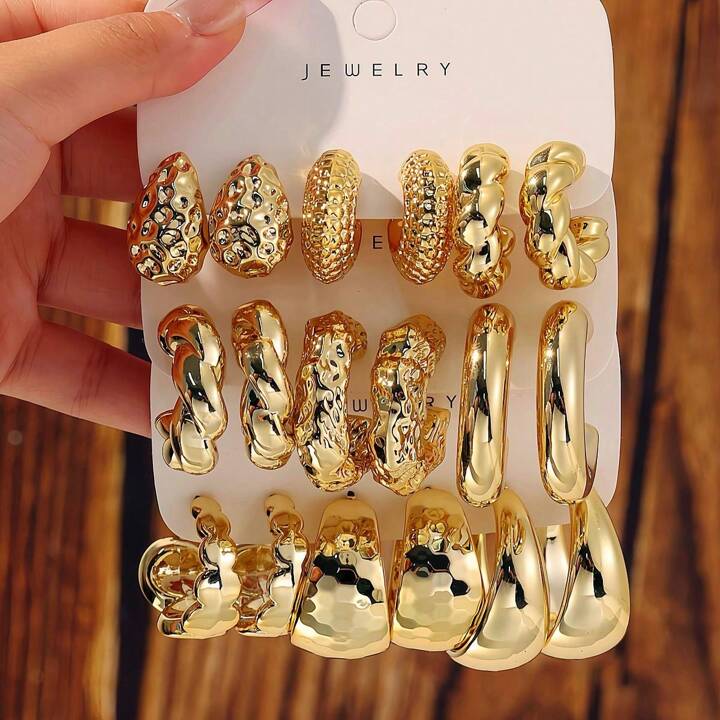 3-9 pairs eaxggerated c-shaped waterdrop earrings in gold