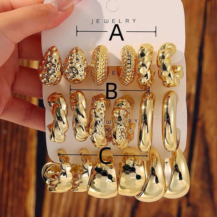 3-9 pairs eaxggerated c-shaped waterdrop earrings in gold