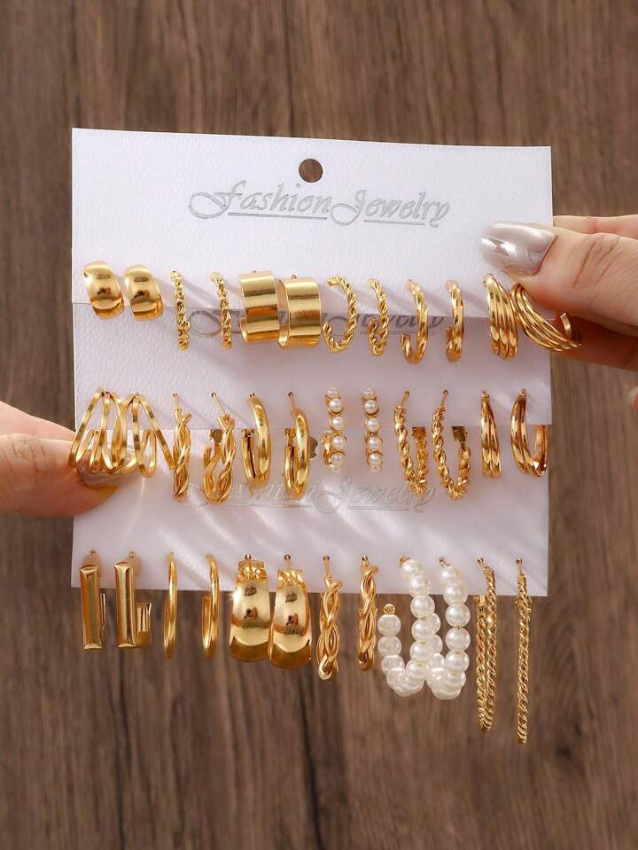 18 pairs set rhinestone earrings in gold