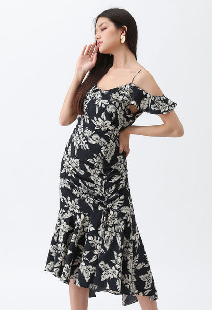 Black leaf print cold shoulder ruffle detail dress