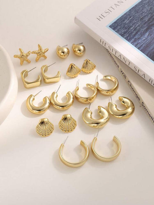 3 pairs starfish and shell gold tone earring set in 6pcs/B