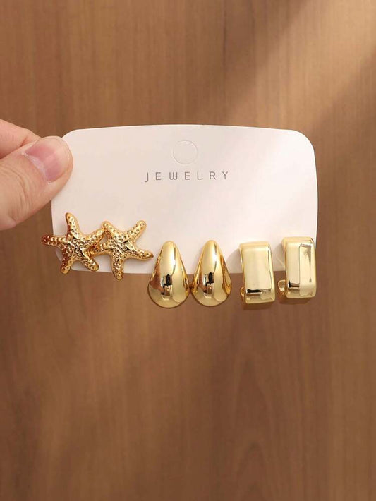 3 pairs starfish and shell gold tone earring set in 6pcs/A