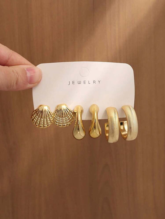 3 pairs starfish and shell gold tone earring set in 6pcs/B