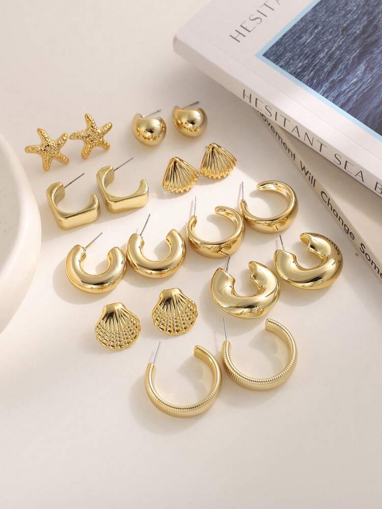3 pairs starfish and shell gold tone earring set in 6pcs/C