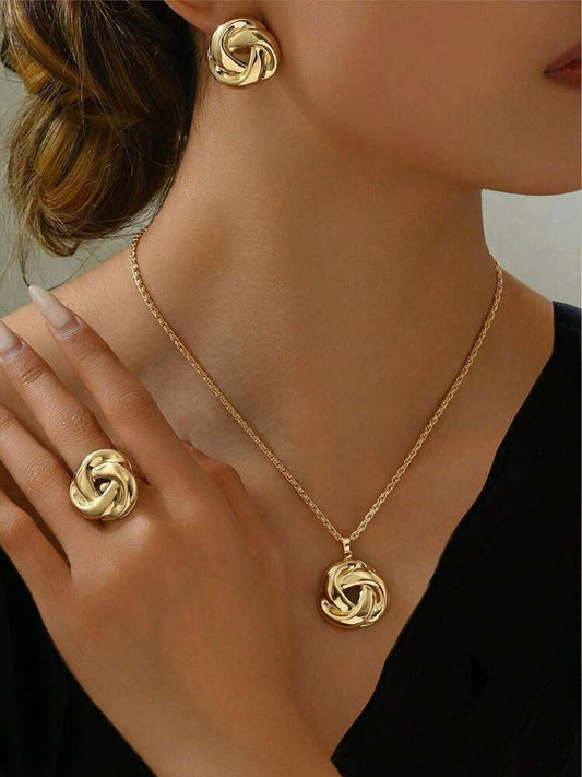 3pcs metal boho necklace,chain & ring set in gold