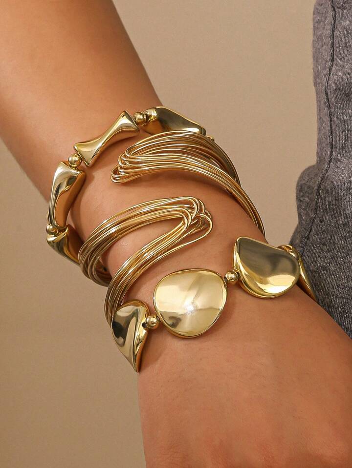 3pcs asymmetrical shaped bracelet 7 bangle set in gold