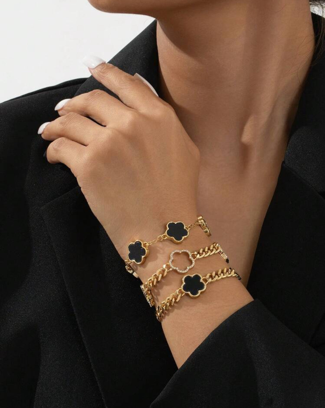 3pcs rhinestone decor thick chain bracelets in black